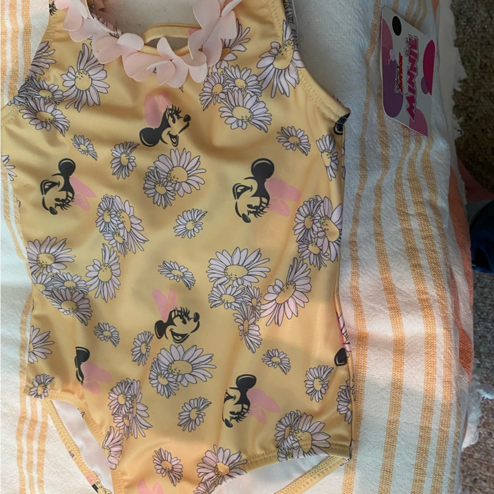 Disney Junior Sz5  Minnie swimsuit yellow with Minnie and Flowers 50+ UPF NWT